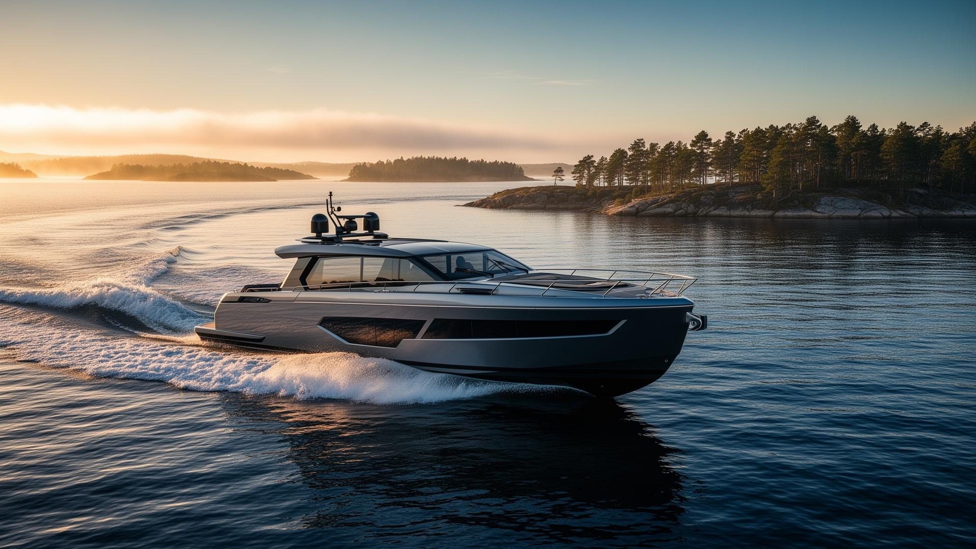 Modern motorbåt i svensk skärgård vid solnedgång